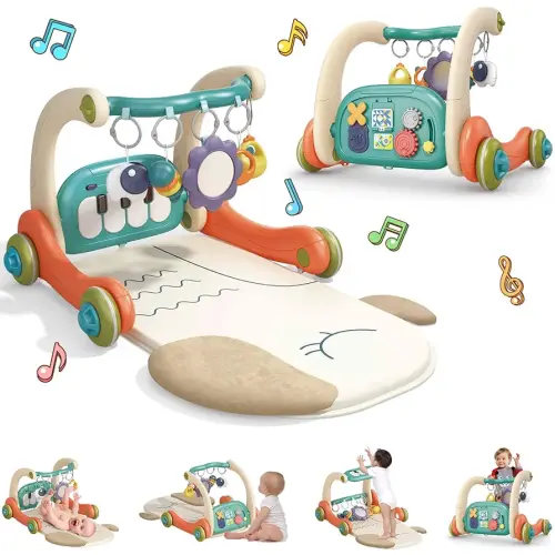 3 in 1 Baby Play Mat Gym, Kick and Play Piano Gym with Music Light, Activity Tummy Time Play mat with 5 Learning Sensory Toys, Infant Gifts for Newborn Baby Toddler 0-14 Months