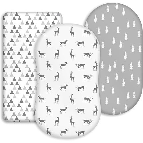 Bassinet Sheets 3 Pack, Breathable Cozy Fitted Mattress Sheet, Elastic Travel Bassinet Fashionable, Standard Cradle Safe Sheets for Baby Boy Girls 32" x 16" Grey Deer