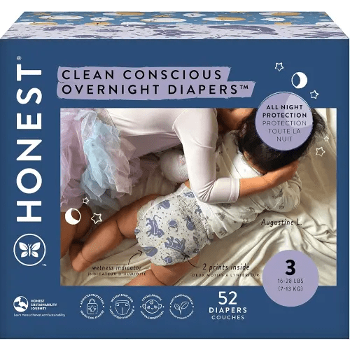 The Honest Company Comfort Dry Disposable Overnight Diapers for Sensitive Skin, Hypoallergenic, Baby Cozy Cloud and Star Signs Design Club Box Size 3 (16–28 lbs) 52 Count