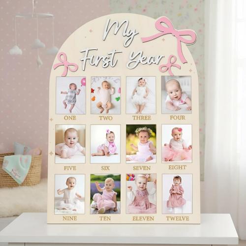 Pink Bow My First Year Photo Board for Baby Girl, Coquette 1st Birthday Wooden Frame, 12 Month Milestone Picture Keepsake