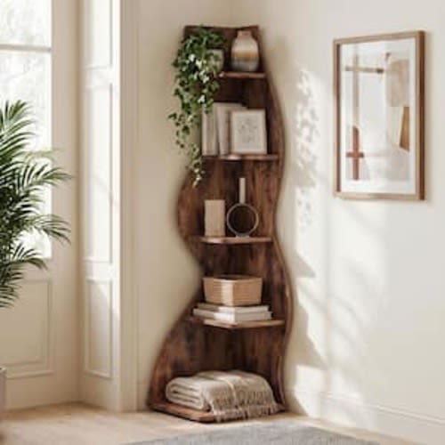 Eulas 69.8 in. Tall Rustic Brown Wood 5-Shelf Standard Bookcase Corner Bookshelf with Storage Shelf and Curvy Shape