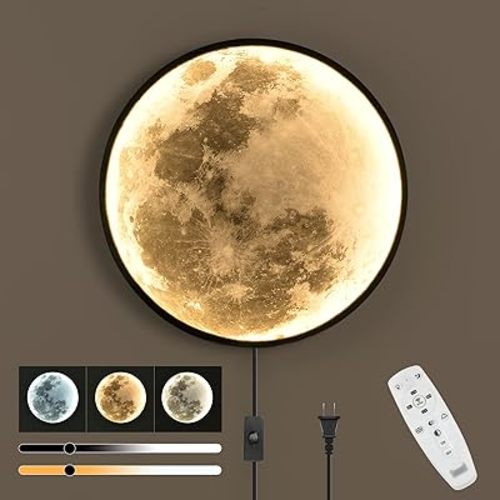 QIYIMEILUX Dimmable Moon Wall Sconce Plug in Modern LED Wall Light with Remote Control 19.7 inch 24W Black Wall Lamp Indoor Wall Mounted Lighting Ceiling Light for Living Room Bedroom(Moon)