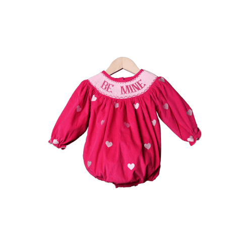 Smocked Be Mine Hot Pink Corduroy Embroidered Heart Bubble