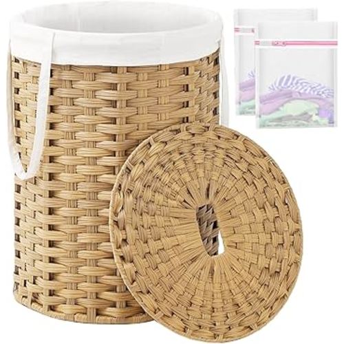 Laundry Hamper with Lid Laundry Basket with Lid 19.0 Gal (72 L) Round Wicker Laundry Basket Handwoven Rattan Hamper Removable Bag 2 Mesh Bags Handles for Living Room Bathroom Natural