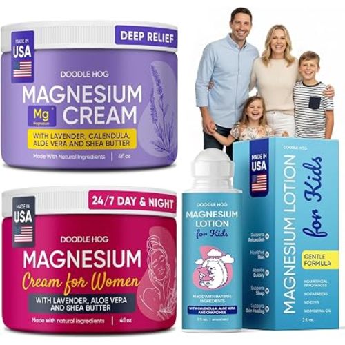 DOODLE HOG Family Magnesium Cream Bundle - Lavender & Unscented Roll Lotion with Calendula, Aloe Vera, Shea Butter- Topical Magnesium Cream for Sleep - USA Made