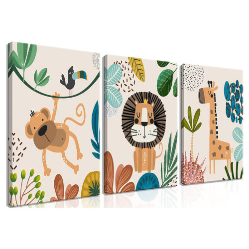 East Urban Home Wall Decor Set Of 3 - Framed Animal Canvas Wall Art For Baby Room, Toddler Bedroom, Cute Safari Themed Baby Nursery Decor 12X16in | Wayfair