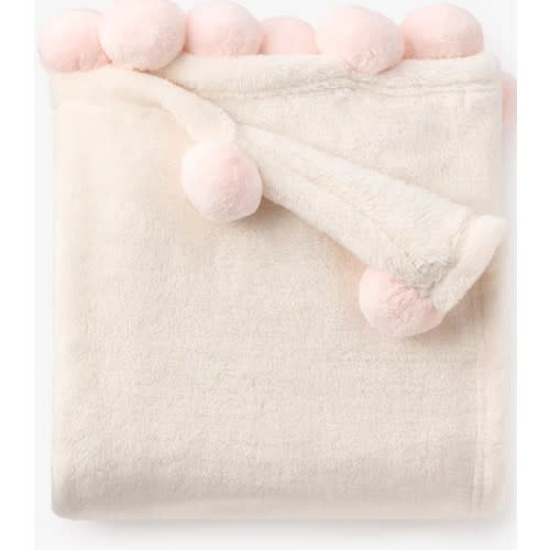 Pale Pink Pom Trim Fleece Baby Stroller Blanket