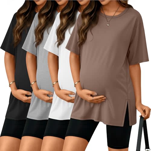 Riyiper 4 Pack Women's Maternity T Shirts, Short Sleeve Split Side Pregnancy Tee Loose Casual Crewneck Maternity Clothes