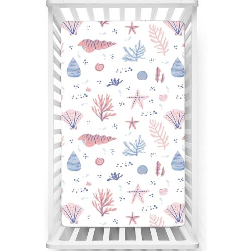 Coastal Themed Fitted Crib Sheet,Standard Crib Mattress Fitted Sheet Toddler Bed Mattress Sheets - Baby Crib Sheets for Girl or Boy,28“ x52“,White Blush and Ceil Blue