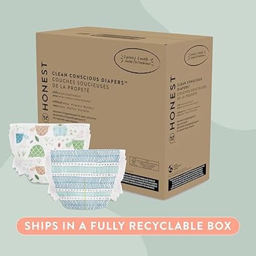The Honest Company Clean Conscious Diapers for Sensitive Skin | Hypoallergenic, Fragrance Free | Gender Neutral Printss | Super Club Box, Size 2 (12-18 lbs), 124 Count