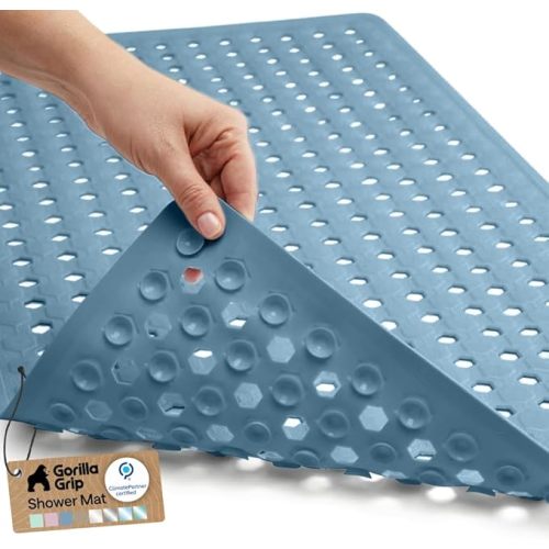 GORILLA GRIP Patented Bath Tub Shower Mat, Machine Washable Bathtub Floor Liner Mats, Suction Cups and Drain Holes to Keep Tubs Clean, Soft on Feet, Bathroom Essentials, 35x16 Inch, Sky Blue Opaque