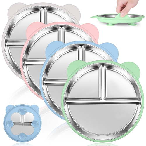 4 Pack Stainless Steel Toddler Plates with Suction - 9" Kids Divided Plates Removable Silicone Sleeves for Baby Led Weaning, Bear Ear Design Non Slip BPA-Free Dishwasher Safe