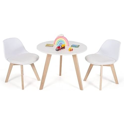 Costzon Kids Table and Chair Set, 3 PCS Wood Activity Play Table w/Padded Seat & Wood Legs for Arts, Crafts, Reading, Preschool, Kindergarten, Playroom, Mid Century Modern Toddler Table and Chairs
