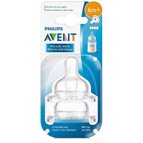 Philips Avent Anti-Colic Fast Flow Nipple for Avent Anti-Colic Baby Bottles, 6 Months+ (Pack of 4)