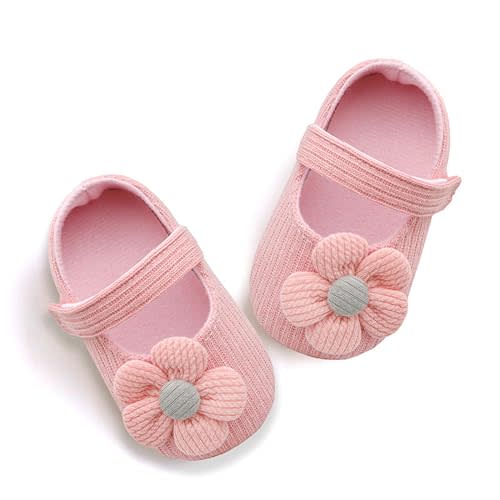 SHEKAKO Infant Girls Walking Shoes, Princess Bowknot Flats Prewalker, Cartoon Soft Sole Wedding Dress Sneakers, Newborn Light Baby Soft Bottom Warm Crib Shoes (Flowers Pink,0-5 Months Infant)