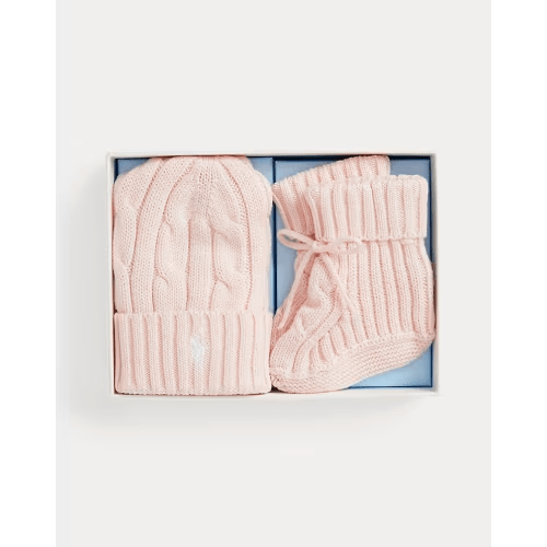 Ralph Lauren Cable-Knit Cotton Beanie & Bootie Set - Pink