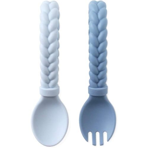 Itzy Ritzy Silicone Spoon & Fork Set – Baby Utensils Featuring a Baby Fork and Spoon with Looped, Braided Handles - Made of 100% Food Grade Silicone & BPA-Free - Ages 6 Months and Up (Blue)