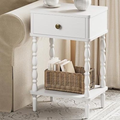 Yoobure White Nightstand with Drawer - Small Side Table with Wood Legs