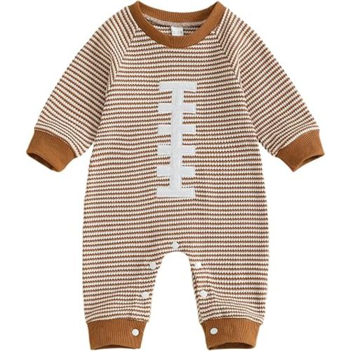 Karuedoo Newborn Baby Boy Girl Football Outfit Rugby Embroidery Stripe Romper Waffle Knit Long Sleeve Jumpsuit Fall Clothes