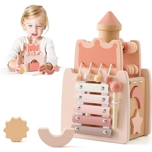 Youuys Wooden Activity Cube 9-in-1 Montessori Toys for 3+ Year Old Boys & Girls, Multipurpose Educational Sensory Learning Toys for Baby Toddlers with Mirror, First Birthday Gift (Castle)
