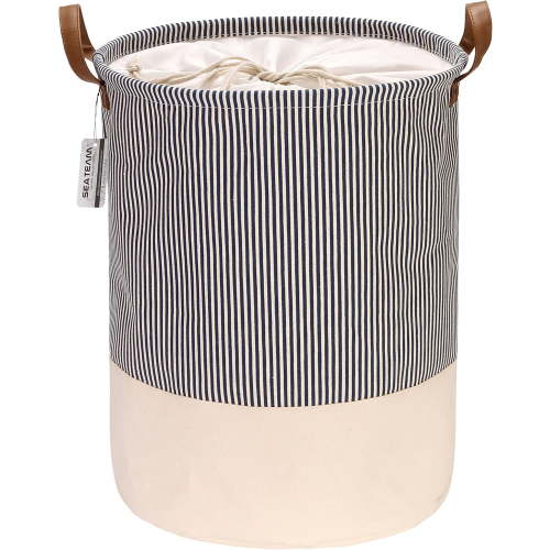 Sea Team Stripe Pattern Laundry Hamper Canvas Fabric Laundry Basket Collapsible Storage Bin with PU Leather Handles and Drawstring Closure, 17.7 by 13.8 inches, Waterproof Inner, Navy