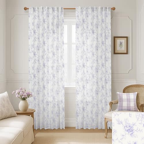Lavender Purple Floral Curtains for Bedroom,Vintage French Country Toile Cottage Core Sheer Linen Feminine Fairy Curtains for Nursery Girl Living Room,Light Lilac and White