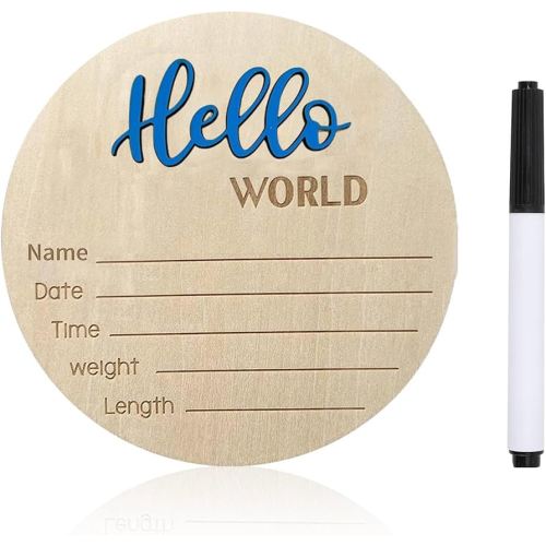 Baby Announcement Sign, 5.9 Inch Wooden Hello World Newborn Signs, Birth Announcement Sign, Baby Shower Hospital Nursery for Newborn Boys and Girls (Blue,Pen)