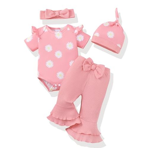 Renotemy Newborn Baby Girl Clothes Infant Romper Spring Summer Outfits Gifts Bell Bottoms Pant Sets for Girls Preemie-12Month