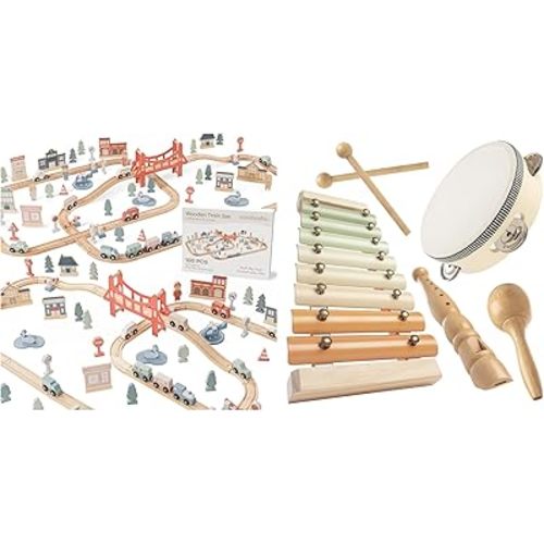 100-Piece Wooden Train Set and 4-Piece Kids Musical Instruments Set Bundled by Comfy Cubs