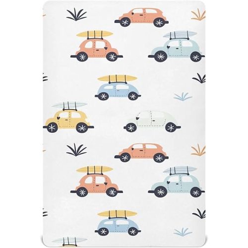 Crib Sheets for Boys Surfing Beach Buggy Toddler Baby Girl for Crib,Neutral Mini Cribs Sheet Fitted,Cot Mattress 52 * 28 * 9In