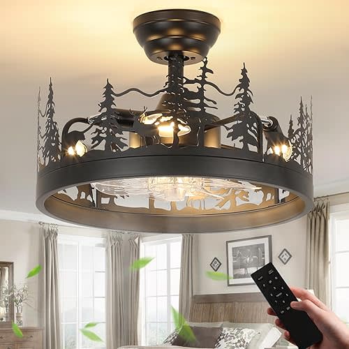 Farmhouse Rustic Ceiling Fan with Light and Remote, Black Chandelier Fan with Bear and Deer Design, Adjustable Height, Rustic Chandeliers for Living Room, Bedroom, Hallway, Entryway Lighting