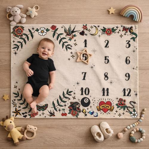 Vintage Tattoo Milestone Blanket Arctic Fleece Blanket | Baby Monthly Photo Prop