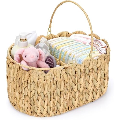 Large Baby Diaper Caddy Organizer, Portable Wicker Water Hyacinth Storage Basket with Handles and Divided Sections, Nursery Tray for Diapers Baby Essentials, Baby Shower Gifts