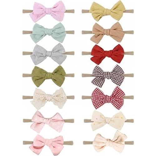 chiduerm 14 PCS Baby Girl Bows and Headbands, Stretchy Nylon Hairbands Hair Bows for Newborns, Infants, Toddlers - Handmade Baby Hair Accessories for Girls (Brown Bows, mid)