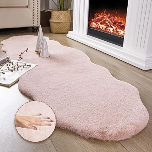 Ashler HOME DECO Ultra Soft Faux Rabbit Fur Chair Couch Cover Area Rug for Bedroom Floor Sofa Living Room Pink 2 x 6 Feet