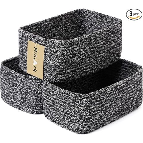 MiniArk Small Storage Baskets for Organizing | Closet Organizer Bins | Shelf Toy Basket | Woven Rope Baskets | Cube Decorative Box | Shallow Basket | 11.5x7.5x4.7” | 3 Packs Dark Gray