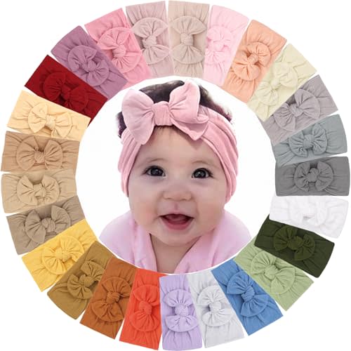 ALinmo 25 Pack Soft Wide Turban Baby Headbands with nylon Hair Bow Headwraps for Baby Girls Infants Newborn Hair Accessories Toddlers Kids and Children
