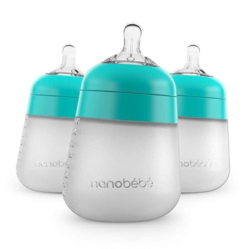 Nanobebe Flexy Silicone Baby Bottles, Anti-Colic, Natural Feel, Non-Collapsing Nipple, Non-Tip Stable Base, Easy to Clean - 3-Pack, Teal, 9 oz - 9 Ounce 3-Pack