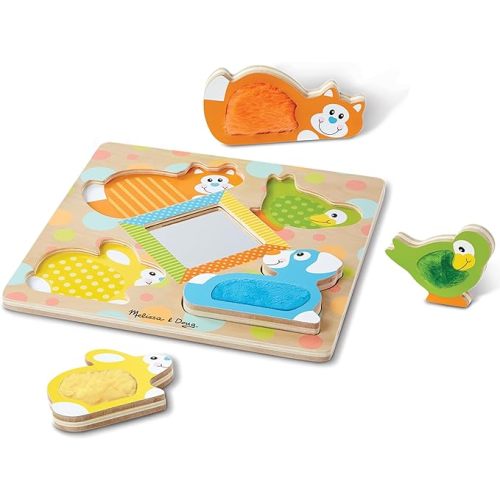 Melissa & Doug First Play Peek-a-Boo Pets Wooden Touch and Feel Puzzle with Mirror Mirror Toy for Babies and Toddlers, Sensory Toy Puzzle