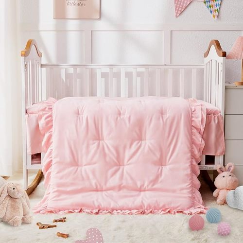 Crib Bedding Set for Girls, 3-Piece Double Ruffle Baby Bedding Crib Set Include Boho Crib Comforter, Crib Fitted Sheet and Crib Skirt, Light Pink