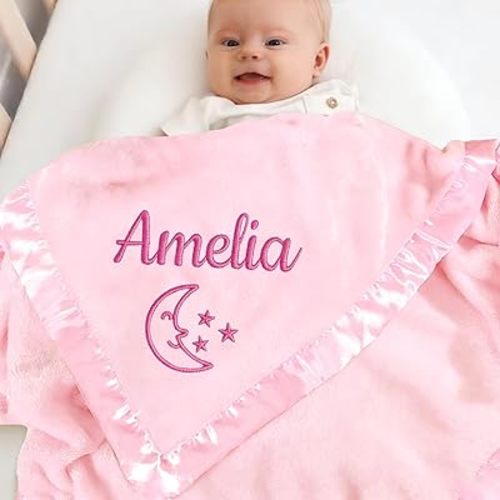 Personalized Baby Blanket with Embroidered Name,Custom Baby Receiving Blankets Soft Fleece Toddler Blanket for Newborn Baby Girl Shower Gifts -36" x 36"