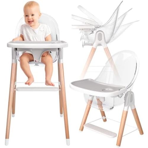 6 in 1 Deluxe Wooden High Chair for Babies & Toddlers, Modern Safe & Compact Baby Highchair, Easy to Clean & Assemble, Removable Tray, 6 Options 3 Seat Positions 2 Heights (Clear)