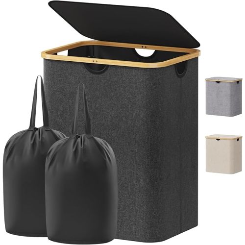 Lifewit 110L Laundry Basket with Lid, Clothes Hampers for Laundry with Bamboo Handles and 1 Removable Bag, Large Foldable Laundry Hamper for Bedroom, Bathroom, Dorm, Laundry Room, Beige
