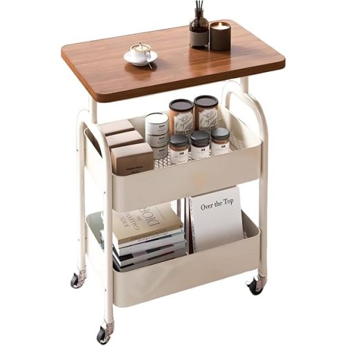 3-Tier Rolling Utility Cart with Drawers, Solid Wood Tabletop Metal Storage Cart, 360° Swivel Wheels & 2 Lockable Casters, Lightweight Mobile Organizer Trolley for Kitchen Living Room Bathroom