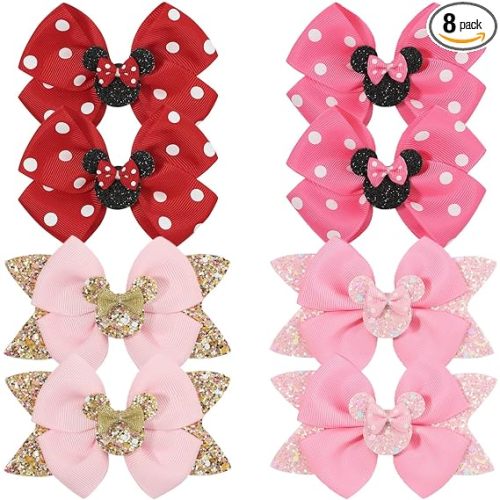 Qearl 8 Pcs Mouse Ears Bow Clips for Girls, Polka Dot Red Bows Theme Park Costume Party Decoration for Toddlers Girls in Pairs