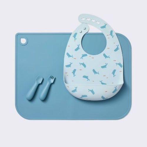 Silicone Bib and Utensil Feeding Set - 4pc - Blue - Cloud Island™