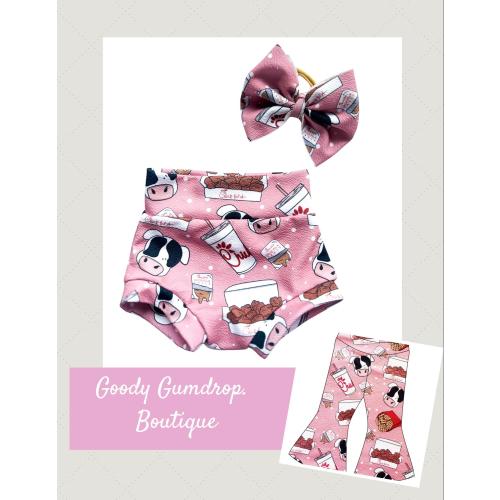 Baby Girl Toddler fast FOOD Bummies Flare pants Nylon Bow set 0/3-24 mos Shorties Headband diaper cover chick chicken cow drink Fabric