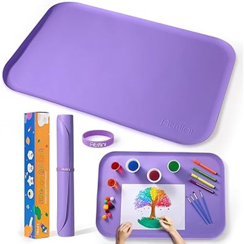 AtMini Silicone Art Mats for Kids, 24"x16" Silicone Craft Mat with Lip to Keep Clean, Play Sand, Painting, DIY Crafts Mat for Kids (Purple)
