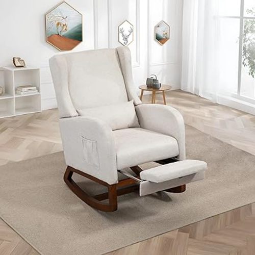 Modern Rocking Chair Nursery Glider, Comfy Rocker Nursery Chair with Foot Rest, Accent Reading Armchair with Pillow and Pocket, Upholstered Lounge Rocker with Solid Wood Base for Relaxing (Beige)