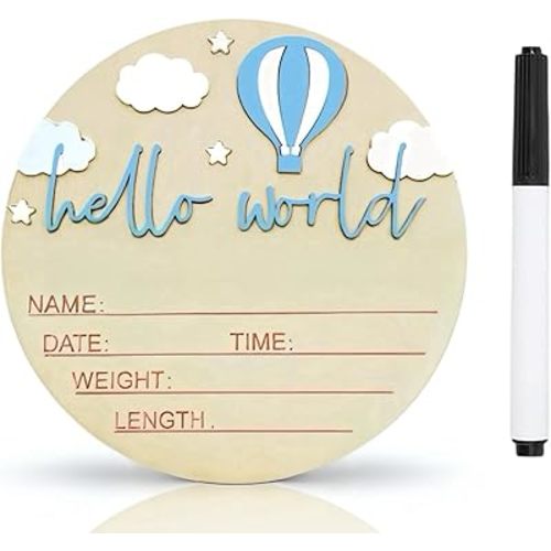 Baby Announcement Sign,Personalized Wooden 5.9inch Hello World Newborn Sign,Birth Name Announcement,3D Pattern，Boys And Girls Gift,Hospital Nursery For Baby (Hot Air Balloon Blue)
